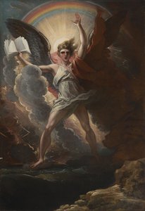 Ein mächtiger Engel steht auf dem Land und auf dem Meer von Benjamin West