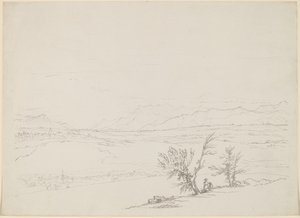 Alpenlandschaft mit einem Paar, das bei Bäumen sitzt und ein Tal überblickt von Benjamin West