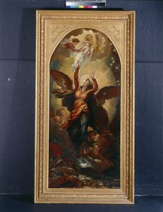 Die mit der Sonne bekleidete Frau flieht vor der Verfolgung durch den Drachen von Benjamin West