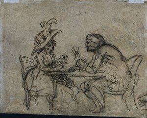 Frau und Mann beim Kartenspielen (verso)