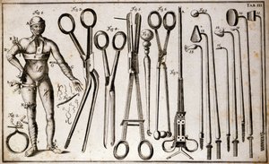 Verschiedene Arten von Zangen und chirurgischen Instrumenten. Ein Mann trägt verschiedene Arten von Tourniquets und Verbänden. Tafel der Chirurgie illustriert von Benoist Louis Prevost (1735-1809). 18. Jahrhundert
