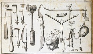 Chirurgische Tafel, die verschiedene Arten von chirurgischen Instrumenten, Hammer, Muschel, Messer zur Entfernung des Gehirns darstellt. Gravur von Benoit Louis Prevost (1735-1809) 18. Jahrhundert