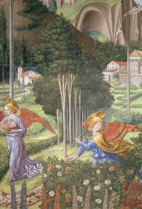 Engel, der Blumen in einer himmlischen Landschaft sammelt, Detail aus dem Zyklus der Reise der Heiligen Drei Könige in der Kapelle, ca. 1460 (Detail) von Benozzo di Lese di Sandro Gozzoli