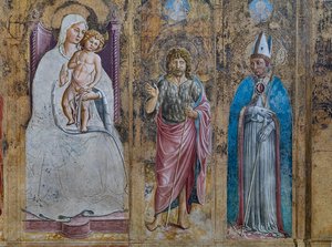 Detail eines falschen Polyptychons mit der Jungfrau Maria und dem Kind, St. Antonius von Padua, St. Johannes und St. Ludwig von Toulouse, Kapelle des St. Hieronymus von Benozzo di Lese di Sandro Gozzoli