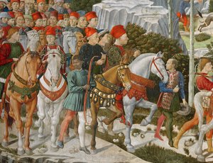 Galeazzo Maria Sforza, Herzog von Mailand (1444-76), ganz links, auf einem braunen Pferd und Sigismondo Pandolfo Malatesta, Herrscher von Rimini (1417-68) neben ihm auf einem grauen Pferd, (Detail) von Benozzo di Lese di Sandro Gozzoli