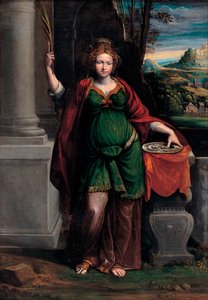 Heilige Lucia (von Syrakus) hält ein Tablett mit zwei Augen - Benvenuto Tisi da Garofalo, Öl auf Holz