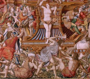 Flämischer Wandteppich. Serie Die Ehren. Schande. Sechster Wandteppich der Serie. Modell Zeichner aus dem Kreis von Bernard van Orley und Jan Gossaert. Herstellung Pieter van Aelst, Brüssel. Ca. 1550