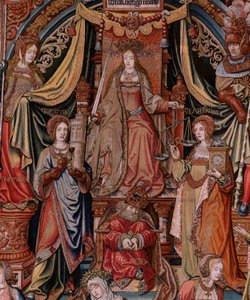 Flämischer Wandteppich. Serie Die Ehren. Gerechtigkeit. Neunter Wandteppich der Serie. Modell Zeichner aus dem Kreis von Bernard van Orley und Jan Gossaert. Herstellung Pieter van Aelst, Brüssel. Ca. 1550