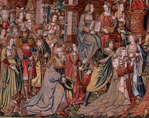 Flämischer Wandteppich. Serie Die Ehren. Gerechtigkeit. Neunter Wandteppich in der Serie. Modellzeichner aus dem Kreis von Bernard van Orley und Jan Gossaert (Mabuse). Herstellung Pieter van Aelst, Brüssel. Ca. 1550. Stoff Gold, Silber von Bernaert van (circle of) Orley
