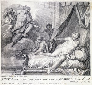 Jupiter (Zeus) verbrennt Semele mit seinem Blitz. Gravur des 18. Jahrhunderts nach der Zeichnung von B. Picart aus dem Jahr 1708. von Bernard (after) Picart