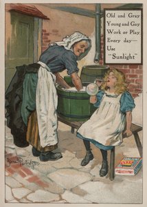 Junges Mädchen bläst Seifenblasen, während ihre Großmutter die Wäsche macht: Werbung für Sunlight-Seife