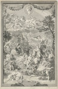 Allegorische Titelseite mit verschiedenen Szenen aus den Metamorphosen von Ovid und dessen Porträt