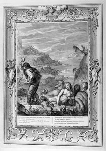 Deukalion überlebt die Sintflut mit seiner Frau Pyrrha (Gravur) von Bernard Picart