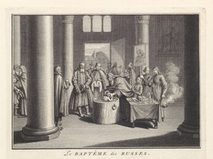 Kindertaufe in Russland, 1732 von Bernard Picart