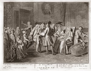 Judentum: die Tradition der Erlösung des erstgeborenen Sohnes, eine Mitzwa im Judentum, bei der ein jüdischer Erstgeborener durch Silbermünzen aus seinem Geburtszustand der Heiligkeit erlöst wird) Gravur aus "Illustration der Zeremonien und religiösen Bräu von Bernard Picart