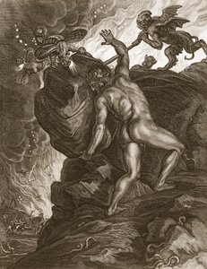 Sisyphus schiebt seinen Stein einen Berg hinauf, 1731 von Bernard Picart