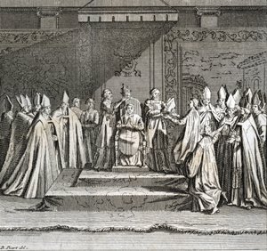 Feierliche Inauguration des Pontifikats: Krönung des Papstes) Gravur aus "Illustration religiöser Zeremonien und Bräuche aller Völker der Welt" von Bernard Picart (1723-1743)