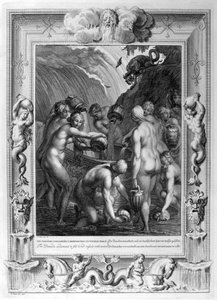 Die Danaiden, verurteilt, durchlöcherte Gefäße mit Wasser zu füllen, 1733