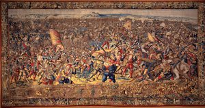 Die Schlacht von Pavia: Niederlage der französischen Kavallerie und die kaiserliche Infanterie erobert die feindliche Artillerie von Bernard van & Dermoyen Willem (active 1520-1530s) Orley
