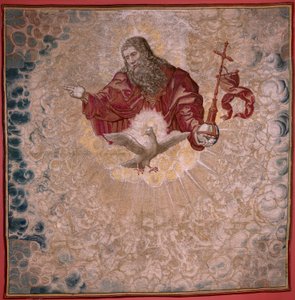 Flämischer Wandteppich. Serie Baldachin von Karl V. (Baldachin von Margarete von Österreich). Gott der Vater und der Heilige Geist. Baldachin des Baldachins. Modell Bernard van Orley (1491-1542). Herstellung Pieter de Pannemaker.