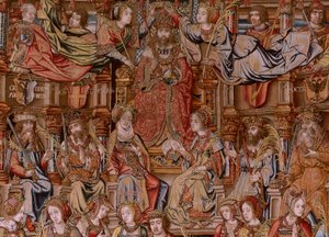 Flämischer Wandteppich. Serie Die Ehren. Ehre (El Honor). Zweiter Wandteppich in der Serie. Modell Zeichner aus dem Kreis von Bernard van Orley und Jan Gossaert (Mabuse). Herstellung Pieter van Aelst, Brüssel. Ca 1550. Stoff Gold, Silber, Seide und Wolle.