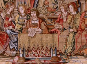 Flämischer Wandteppich. Serie Die Ehren. Ehre. Zweiter Wandteppich der Serie. Modell von Zeichnern aus dem Kreis von Bernard van Orley und Jan Gossaert (Mabuse). Herstellung Pieter van Aelst, Brüssel. Ca. 1550. Stoff Gold, Silber, Seide und Wolle.