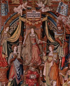 Flämischer Wandteppich. Serie Die Ehren. Gerechtigkeit (La Justicia, Los Honores). Neunter Wandteppich der Serie. Modell Zeichner aus dem Kreis von Bernard van Orley und Jan Gossaert (Mabuse). Herstellung Pieter van Aelst, Brüssel. Ca 1550. Stoff Gold, Sil