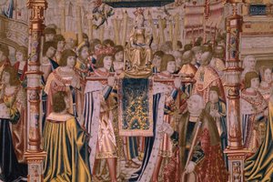 Flämischer Wandteppich. Serie Die Legende der Madonna von Sablon. Die Ankunft der Statue der Madonna. Herstellung Brüssel. Zeichner Barend van Orley.