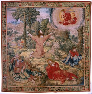 Flämischer Wandteppich. Serie Die Passion Christi (De vierkante passie). Christus am Ölberg (Christus in de Hof van Olijven). Herstellung Pieter de Pannemaeker, Brüssel. Zeichner Barend van Orley. Ca 1518-1522.