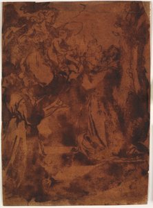Jungfrau Maria mit dem Jesuskind gibt dem heiligen Franz von Assisi und einem unidentifizierten Franziskanermönch den franziskanischen Gürtel von Bernardino Capitelli