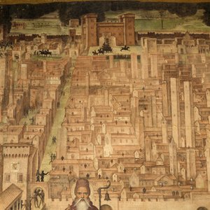 St. Antonius und Ansicht von Pavia, Detail aus dem Zyklus Geschichten von St. Theodor, Fresken von Bernardino Lanzani (1460-1530 ca), St. Theodors Kirche, Pavia, Lombardei, Italien