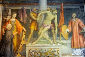 Jesus an die Säule gebunden, Fresko von Bernardino Luini in der Kirche von Sankt Mauritius im Maggiore-Kloster, Mailand, Lombardei, Italien von Bernardino Luini