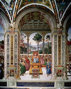 Aeneas Sylvius Piccolomini (1405-64) hält eine Rede vor König Jakob I. von Schottland (1394-1437) im Jahr 1435 von Bernardino di Betto Pinturicchio