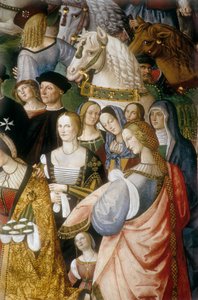Enee Silvio Piccolomini stellt Eleonore von Portugal Kaiser Friedrich III. des Heiligen Römischen Reiches am Camollia-Tor in Siena vor (Detail)