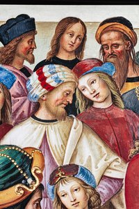 Die Piccolomini-Bibliothek, Nordostwand: Aeneas Sylvius hält eine Rede vor König Jakob I. von Schottland, Winter 1435 von Bernardino di Betto Pinturicchio