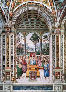 Die Piccolomini-Bibliothek, Nordostwand: „Aeneas Sylvius hält eine Rede vor König Jakob I. von Schottland, Winter 1435“ von Bernardino di Betto Pinturicchio