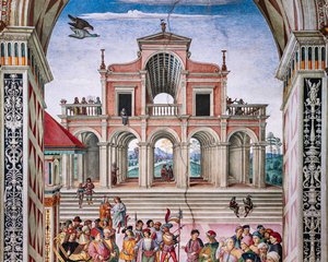 Die Piccolomini-Bibliothek, Nordostwand: Aeneas Sylvius wird vom Kaiser Friedrich III. zum Dichter gekrönt, 27. Juli