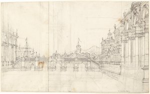 Ein Capriccio von Palästen und einer Loggia mit Blick auf eine klassische Brücke