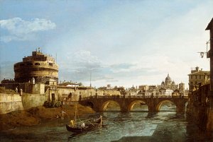 Ein Blick auf Rom nach Westen, mit Booten entlang des Tiber und der Engelsburg in der Ferne von Bernardo Bellotto
