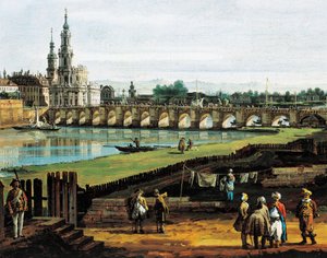 Dresden vom rechten Elbufer flussaufwärts von der Augustusbrücke, um 1750, von Bernardo Bellotto, bekannt als Canaletto, (Detail) von Bernardo Bellotto