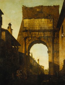 Der Titusbogen in Rom mit der Mauer und dem Tor der Farnesischen Gärten und dem Tempel der Castor und Pollux im Hintergrund, zwei Touristen im Vordergrund