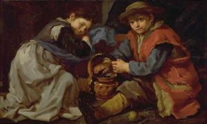 Ein Mädchen und ein Junge mit einem Kohlenbecken