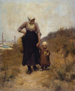 Mutter und Kind auf einem Pfad am Meer
