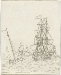 Kriegsschiff und drei Segelschiffe auf hoher See von Bernhard Schreuder