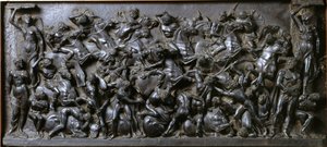 Schlacht zwischen Römern und Barbaren (Bronze) - Schlacht der Römer und Barbaren (Schlacht der Reiter). Bronze-Relief von Bertoldo di Giovanni von Bertoldo di Giovanni