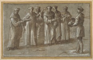 Sechs Anatomiemeister, die einen Schädel und gehäutete Gliedmaßen diskutieren