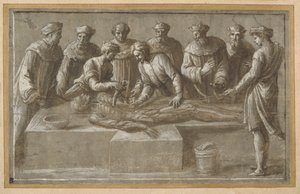 Sechs Anatomiaprofessoren, die eine gehäutete männliche Leiche sezieren (Feder & braune Tinte mit brauner Waschung und Aufhellung)