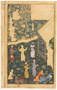 Musiker und Diener vor einem königlichen Lager, recto von Bihzad