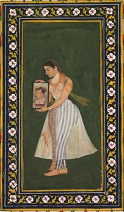 Nur Jahan hält ein Porträt von Kaiser Jahangir von Bishandas