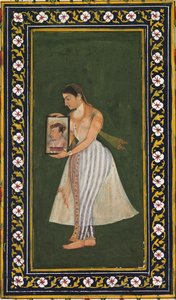 Nur Jahan, ein Porträt von Kaiser Jahangir haltend, ca. 1627 von Bishandas